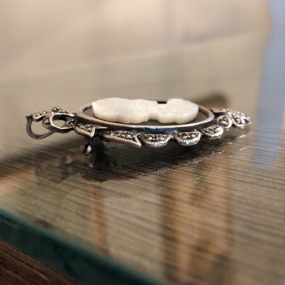 Vintage Sterling Silver, Marcasite, Onyx, & Mother of Pearl Cameo - Picture 7 of 16